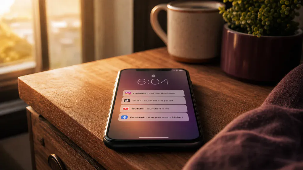 A phone at sunrise showing posts that went out