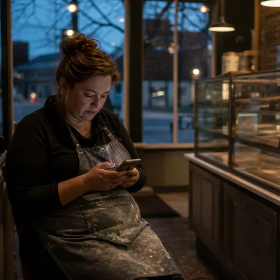 A bakery owner checking her phone after closing