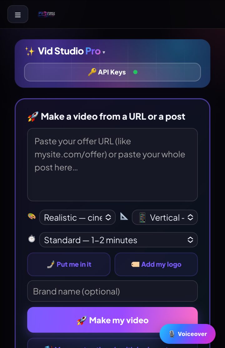 The actual Daily Video System app: paste a URL or post, pick a style, press Make my video