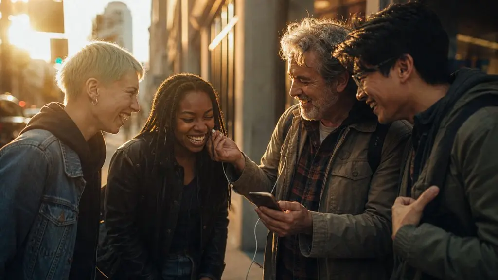 Friends on a city street sharing a song on a phone