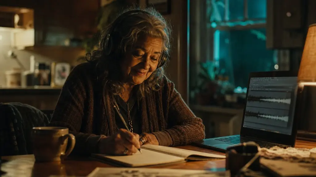 A grandmother writing song lyrics at her kitchen table with headphones on